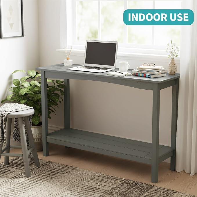 Outdoor Console Table, All-Weather 2-Tier Patio Console Table, Outside Plant Stand Table, Low Maintenance, Never Rot or Fade, HIPS Table for Indoor, Backyard, Garden, Entryway, Grey