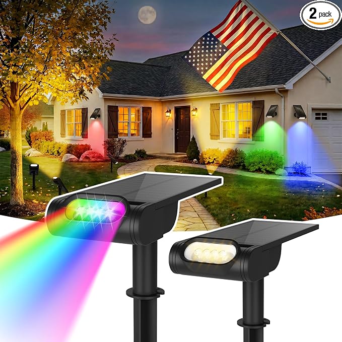 Solar Spot Lights Outdoor, Waterproof IP67 12 Color Modes Landscape Light with Remote, 2-in-1 Color Changing/Cool/Warm White Solar Lights Outdoor for Yard Trees Garden Pool Multicolor, 2 Pack