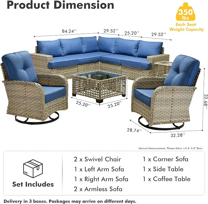 HOOOWOOO Sectional Patio Furniture Set With Swivel Chairs,9 Pieces Wicker Outdoor Furniture L Shaped Couch,Outside Conversation Set With Extra Deep Seat Sofa Wide Arm Solar Light Table,Dark Denim Blue