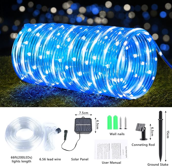 Jnaurb Solar Rope Lights, 66ft 200LED Solar String Lights, 8 Modes Waterproof Solar Outdoor Light, Flexible Clear Trampoline Light for Garden Backyard Patio Deck Porch Pool Tree Decor - White & Blue