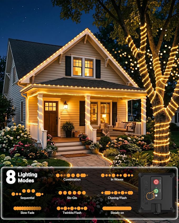 btfarm Solar Rope Lights, 120LED 46FT Solar String Lights Outdoor Waterproof, 8 Lighting Modes Solar Powered Strip Trampoline Light for Outside Garden Tree Christmas Yard Patio Decor, Warm White