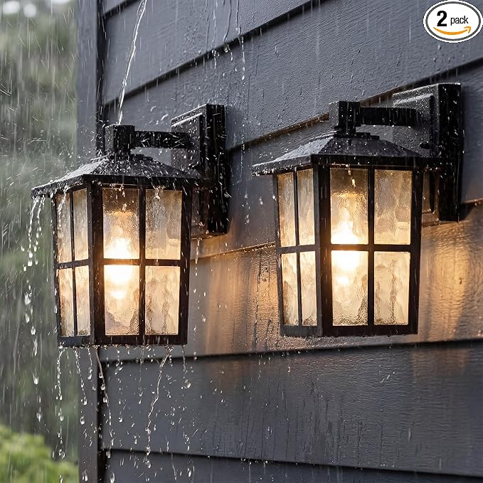 KDG Black Outdoor Waterproof Modern Patio Wall Light Fixtures Set of 2 | E26 Socket Exterior Lanterns & Sconce with Tempered Glass, Wall Mounted Lamps for Home, Front Door, Garden, Garage, Porch