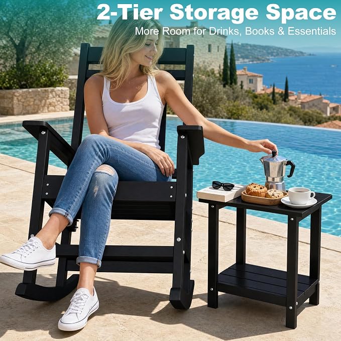 Outdoor Side Table with Storage Shelf, 2-Tier Patio Side Table, HDPE All Weather Outdoor End Tables for Adirondack Chair, Small Patio End Table for Deck Backyard Porch Lawn Poolside, Black