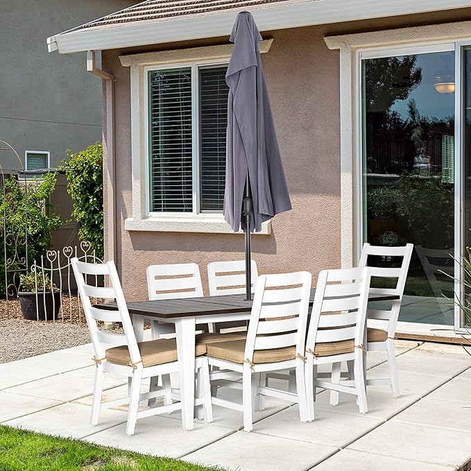 Outsunny Patio Dining Set for 6, Outdoor Furniture Set with a Table & Chairs, Cushions, Umbrella Hole for Garden, Backyard, or Poolside, Beige