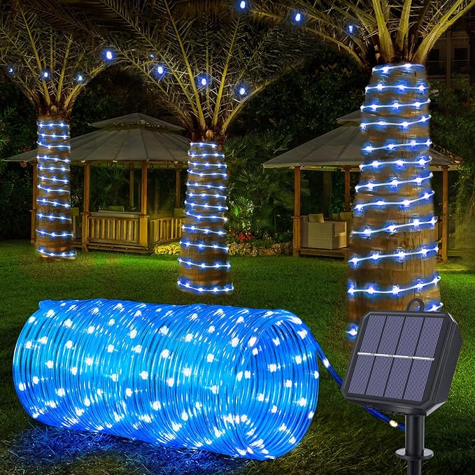 Jnaurb Solar Rope Lights, 33ft 100LED Solar String Lights, 8 Modes Waterproof Solar Outdoor Light, Flexible Clear Trampoline Light for Garden Backyard Patio Deck Porch, Pool Tree Decoration - Blue