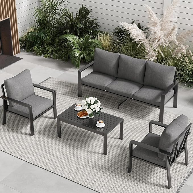 4-Piece Aluminum Patio Conversation Sets All-Weather Sectional Outdoor Furniture Set with Coffee Table & Cushions with Removable Covers for for Backyard, Garden and Poolside Easy Assembly(Gray)
