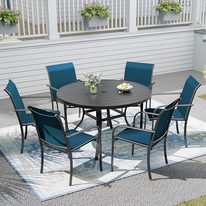Outdoor Dining Table with 6-Piece Stackable Chairs,48" Round Patio Table with Adjustable Umbrella Hole,Stable Patio Dining Set for Home or Outside