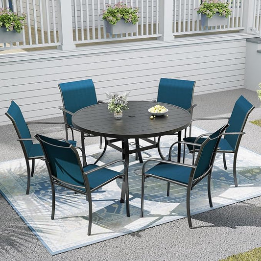 Outdoor Dining Table with 6-Piece Stackable Chairs,48" Round Patio Table with Adjustable Umbrella Hole,Stable Patio Dining Set for Home or Outside