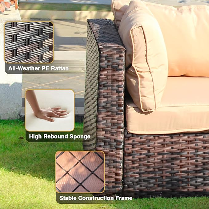 13 Piece Patio Furniture Set with Fire Pit Table All Weather PE Rattan Outdoor Sectional Sofa Couch with No-Slip Cushions for Garden, Poolside, Backyard (Beige)