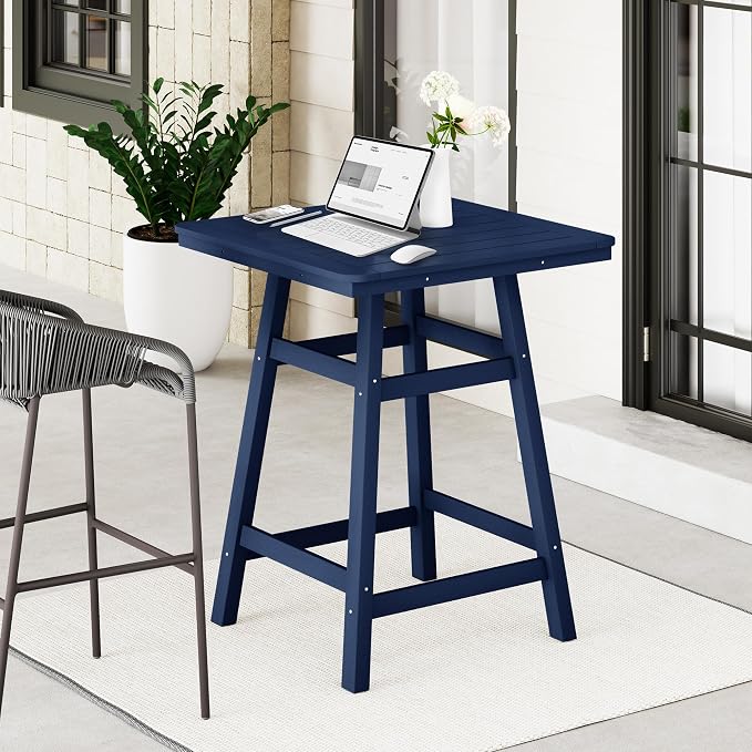 Costaelm Outdoor Bar Table, 37" Counter Height Square Patio Cocktail Bar Table with Umbrella Hole, Patio Bistro Dining Pub Table for Front Porch Deck Backyard Garden, Navy Blue