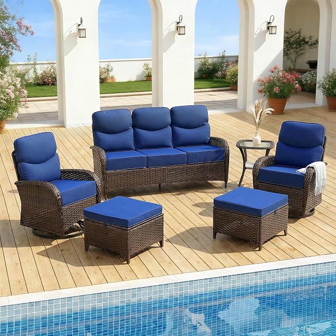 Patio Furniture Set with Luxury 6" Cushions, 6 Pcs Swivel Rocking Patio High Back Chairs and Couch, Outdoor Wicker Conversation Set for Deck, Porch, Backyard, Poolside, Blue