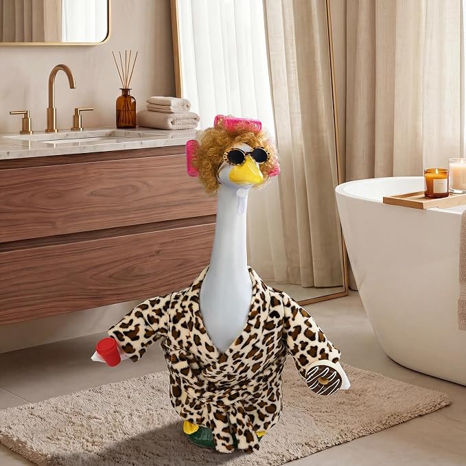 Porch Goose Robe Outfit Set for 23 Inch Goose Statue, Leopard Flannel Bathrobe with Wig Curlers Coffee Cup Donut Glasses, Funny Cozy Goose Clothes Decor (Leopard)