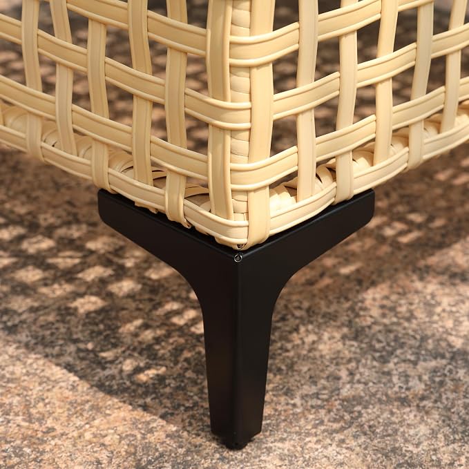 Outdoor Patio Coffee Table with Tempered Glass Top, Handwoven PE Wicker Patio Table with Metal Frame, All-Weather Rattan Coffee Table for Patio Furniture, Balcony, Backyard or Garden