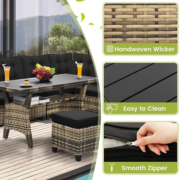 KROFEM 6 Piece Patio Furniture Set, Dining and Conversation Set, Black | UV Treated Wicker, Machine Washable Cushions, Seats 7, 2 Ottomans, 3 Sofa Section, Dining Table, Rustproof Frame