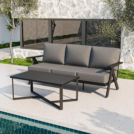 COOS BAY Iron Luxe 2 Piece Outdoor Patio Furniture Set, Modern Patio Conversation Set with a 3 Seat Couch & Coffee Table for Deck, Garden, Porch, Black/Gray