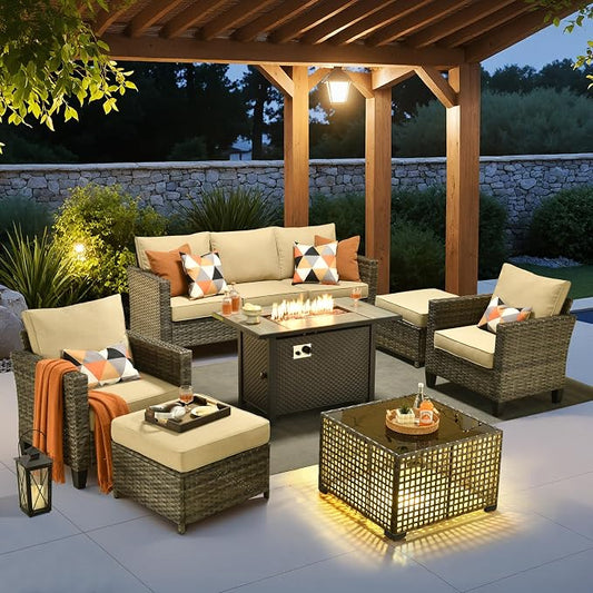 7 Piece Wicker Patio Furniture Set with Firepit Table, Beige | Outdoor Deep Seating Sofa Chair Ottoman, Firepit, Solar Lights Table, Modern Conversation Set, Porch Deck Backyard