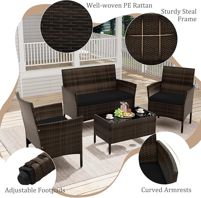 4 Piece Patio Furniture Set, Sectional Conversation Sofa Set with Glass Coffee Table, Cushions & Loveseat, Wicker Outdoor Table and Chairs for Pool, Garden, Deck, Backyard (1, Black)