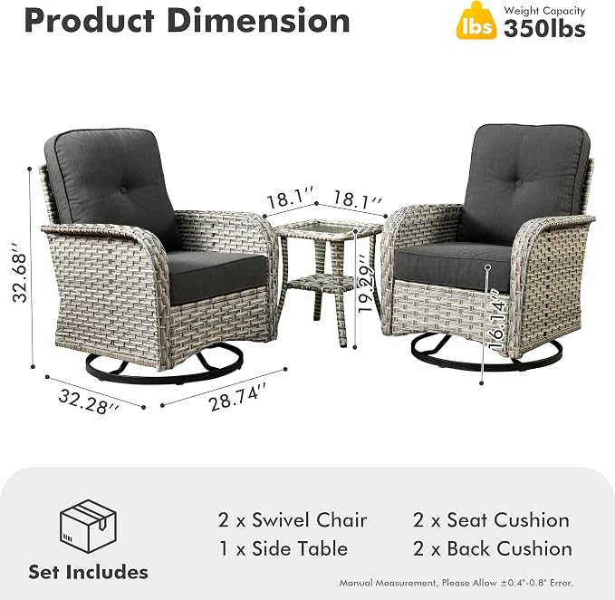 Outdoor Swivel Rocking Chairs Set of 2 with Rattan Side Table, Black