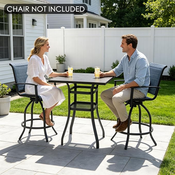Kozyard Outdoor Bar Height Table with Realistic Marble Texture Top, 36" Square Patio Pub with 2-Tier Storage Shelves, All-Weather Metal High Top Bistro Table for Backyard, Balcony, Poolside
