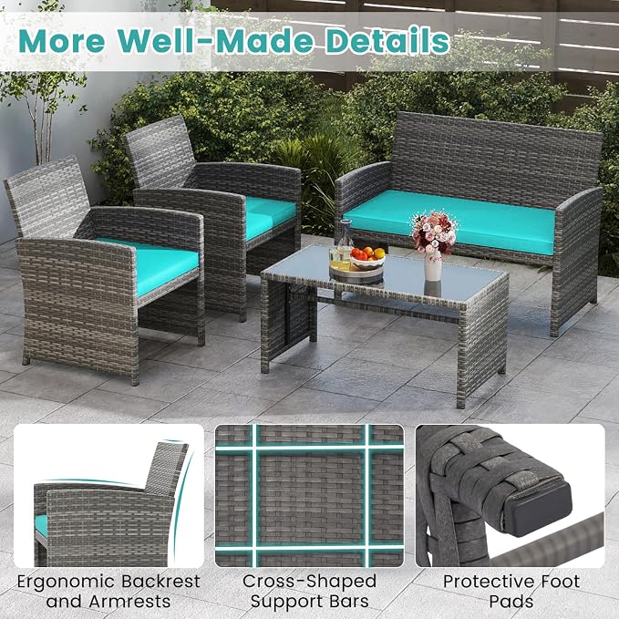 Tangkula 4 Piece Patio Wicker Furniture Set, Outdoor Heavy Duty Rattan Cushioned Chairs, Loveseat and Tempered Glass Coffee Table, for Backyard, Balcony, Poolside