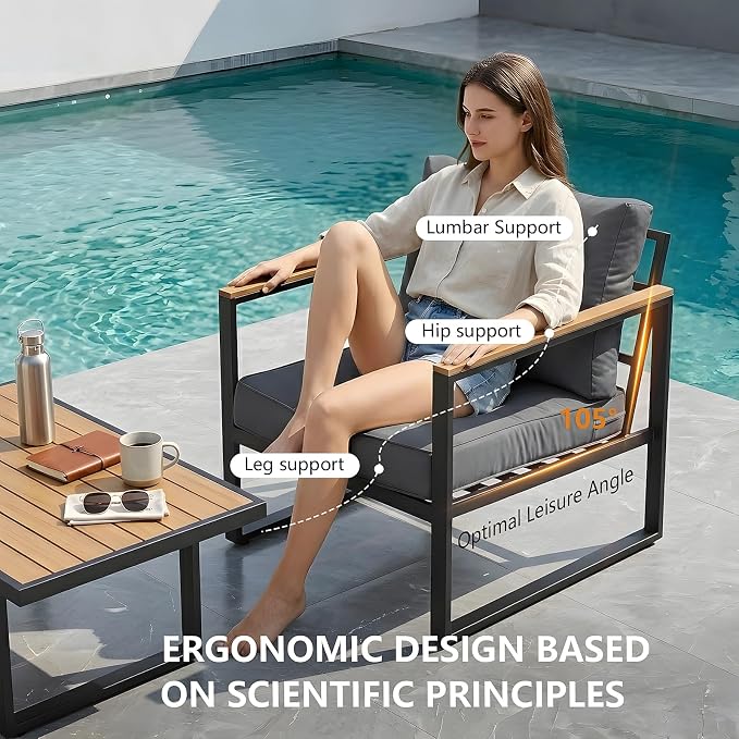 Modern Patio Furniture Set, 4 Pieces Outdoor Conversation Set with Coffee Table, Metal Patio Furniture with 4" Washable Foam Cushions, Ships in 1 Box, Gray
