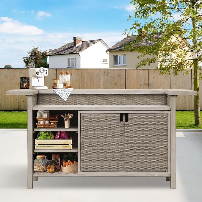 Domi Outdoor Home Bar Unit, All-Weather Wicker & Aluminum Frame Farmhouse Bar Furniture with Storage, Waterproof Rattan Buffet Table with Shelves and Cabinet, Easy-to-Clean for Patio Kitchen