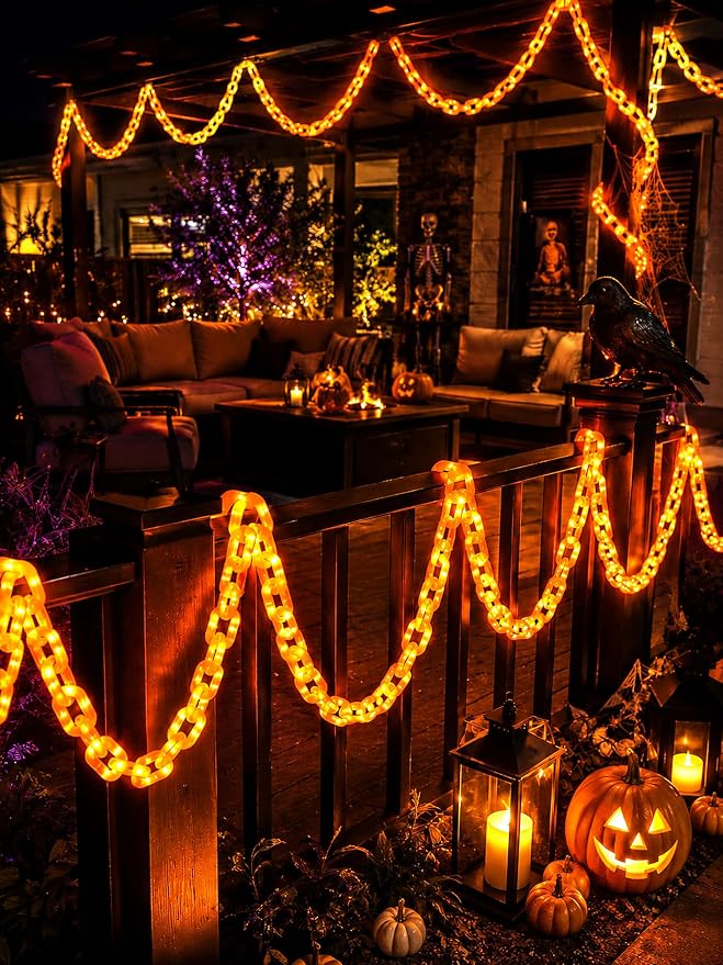 Battery Halloween Chain Lights, 10 FT 160 LED Orange Light-Up Plastic Timer | 8 Modes Battery Operated with Memory for Skeleton Dog, Yard Skeleton, Haunted House and Outdoor Decor Halloween Decorations
