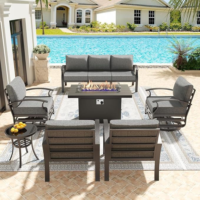 Kullavik Aluminum Patio Furniture Set,7 Piece Modern Metal Outdoor Patio Furniture w/5.1'' Thick Cushion,Swivel Chairs and 45" Propane Fire Pit Table,Patio Conversation Sets for Porch,Deck,Grey