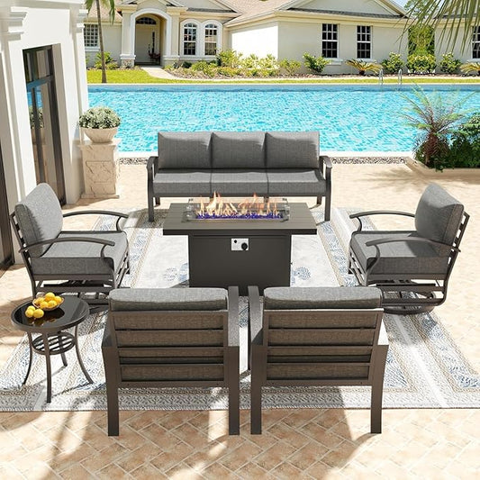 Kullavik Aluminum Patio Furniture Set,7 Piece Modern Metal Outdoor Patio Furniture w/5.1'' Thick Cushion,Swivel Chairs and 45" Propane Fire Pit Table,Patio Conversation Sets for Porch,Deck,Grey