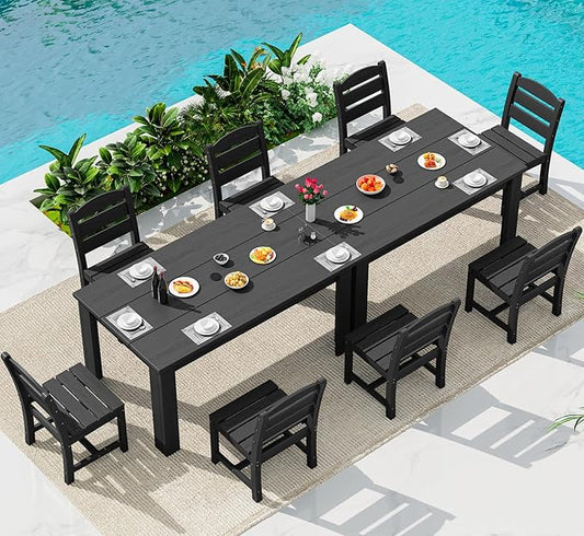 SERWALL 59" Outdoor Dining Set for 8, HDPE Dining Set, Black | Include 2 Rectangular Tables and 8 armless Chairs, All Weather Dining Sets for Garden, Backyard