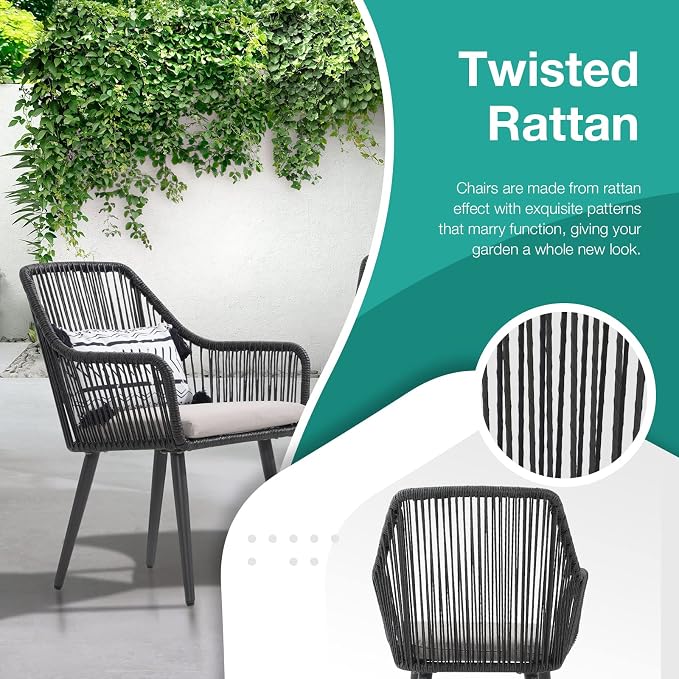 Patiorama 5-Piece Patio Dining Set, Outdoor Dining Table Chair Set, All-Weather Twisted Rattan Wicker Rope Conversation Set, Patio Furniture Set w/Umbrella Hole, 4 Cushioned Chairs&Glass Table(Black)