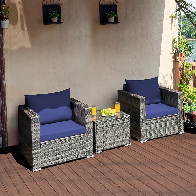 COSTWAY 3-Piece Patio Furniture Set, Outdoor Wicker Rattan Sofa with Cushions and Coffee Table, Conversation Chair Set for Poolside Backyard Balcony Lawn (Navy)