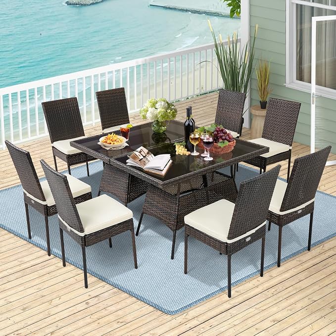 10 Pieces Patio Wicker Dining Set Outdoor Furniture, Outdoor Rattan Table and Chairs with Tempered Glass Table-top & Padded Cushions, Patio Furniture Sets for Backyard, Balcony (Brown)