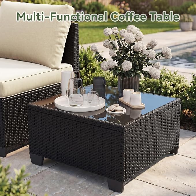 Aoxun 10-Piece Patio Furniture Set with 44” Fire Pit Table, Widen Armrests Wicker Rattan Outdoor Sectional Sofa with Swivel Chairs, Outdoor Patio Furniture Set with Thick Cushions & Ottoman, Beige