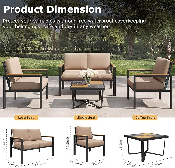 4-Piece Outdoor Patio Furniture Set, Metal Conversation Sofa Set with Deep Cushions & Wood-Like Armrests, Modern Patio Seating with Coffee Table for Garden, Porch, Balcony, Backyard (Brown)