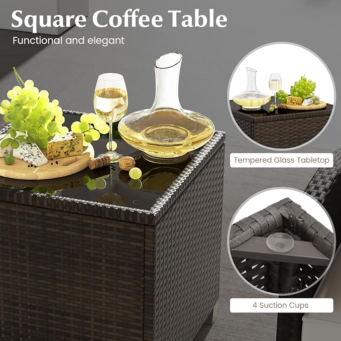 COSTWAY 5-Piece Rattan Conversation Set, Outdoor Wicker Sofa, Tempered Glass Coffee Table & Ottomans for Small Space, Boho Chic Indoor/Outdoor Furniture Set for Poolside, Backyard, Deck (White)