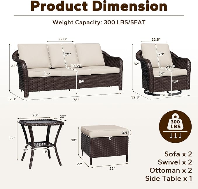 8 Piece Patio Wicker Conversation Set, All-Weather Use Outdoor Wicker Sofa with 2 PE Rattan Ottomans,4 Swivel Chair, 1 Side Table, Ideal for Porch, Backyard, Balcony, Poolside, Beige