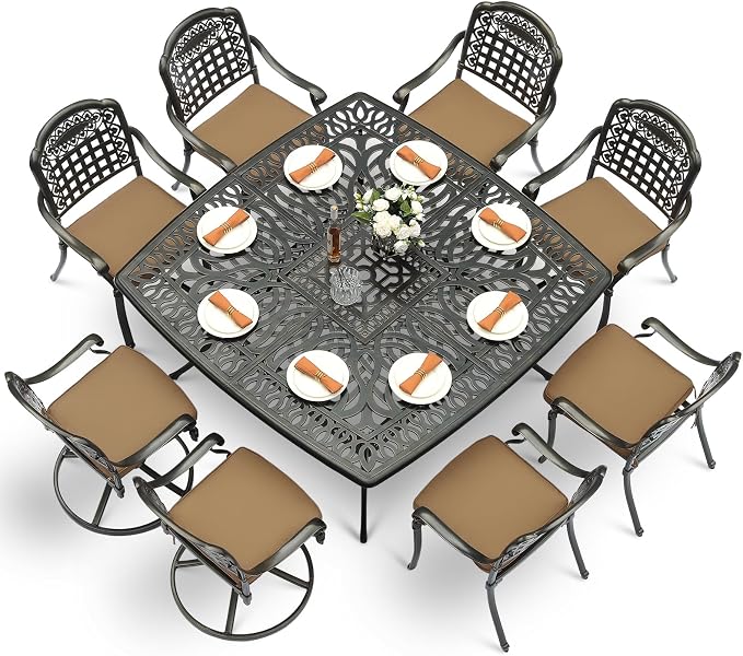 VIVIJASON 9-Piece Outdoor Dining Set, Cast Aluminum Patio Table & Chair Furniture Set for 8, Include Large 64" Square Dining Table, 2 Swivel Rocker Chairs, 6 Stationary Chairs, Umbrella Hole, Khaki