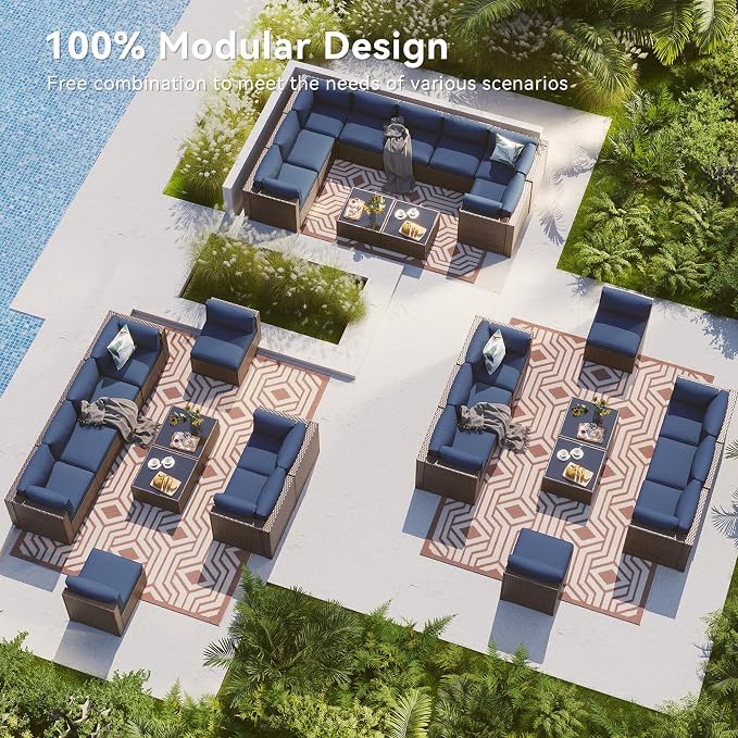 LazySunsets 10 Piece Outdoor Patio Furniture Set with Coffee Table, Outdoor Patio Furniture Sets with 4'' Thicken Cushion, Wicker Rattan Outdoor Conversation Set for Backyard, Blue