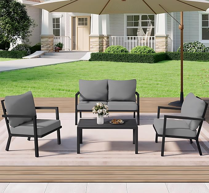 HAPPATIO Aluminum Patio Coffee Table, All-Weather Outdoor Coffee Table for Garden, Deck, Patio Furniture Center Table,Black