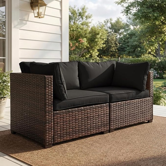 2 Pieces Patio Furniture Set, Outdoor PE Rattan Sectional Sofa with Soft Cushions for Backyard, Porch, and Poolside (Black, 2 PCS)