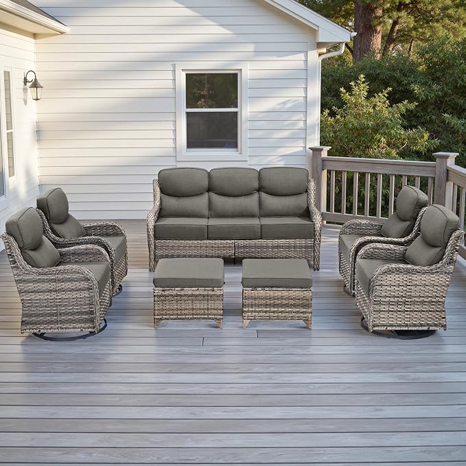 Rilyson Wicker Outdoor Patio Furniture Set - 7 Piece Patio Conversation Sets with Swivel Rocker Chairs, Ottomans and Sofa, 6 inch Cushions, Waterproof Wicker, for Porch Deck Mixed Grey/Grey