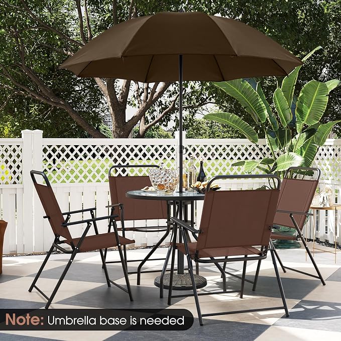 Giantex 6 Pieces Patio Dining Set, Folding Patio Chairs Set of 4, Tempered Glass Umbrella Table with Hole, Patio Table and Chairs for Lawn, Deck, Poolside, Backyard (Brown)
