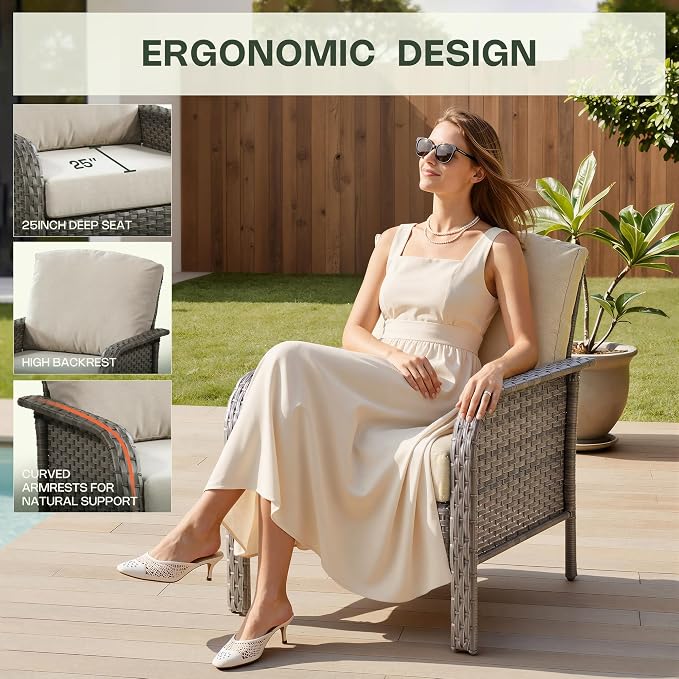 6-Piece Patio Furniture Set, Outdoor Wicker Furniture with Coffee Table, All Weather High Back Loveseat Patio Chairs, Modern Rattan Outdoor Chairs Conversation Set for Porch, Balcony, Garden,Beige