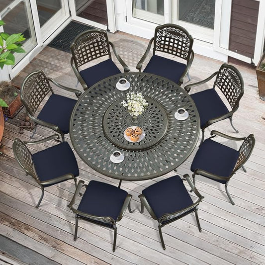 MEETWARM 9-Piece Outdoor Furniture Dining Set, All Weather Cast Aluminum Patio Garden Set with 8 Cushioned Chairs, 61" Round Patio Dining Table with Detachable Lazy Susan, 2" Umbrella Hole, Navy Blue