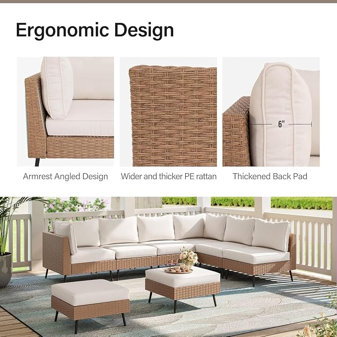 8 Piece Outdoor Patio Furniture Set with Thick Cushions, All Weather PE Rattan Wicker Sectional Sofa Conversation Set for Garden, Backyard, Poolside, Modular Outdoor Lounge Furniture Set(Gray)
