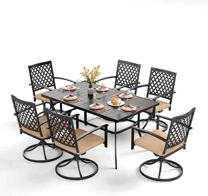 PHI VILLA 7 Pcs Outdoor Dining Set for 6&59" Rectangle Metal Steel Table | Swivel Wrought Iron Chairs with Cushions, Outside Furniture Set for Patio, Deck, Yard, Porch