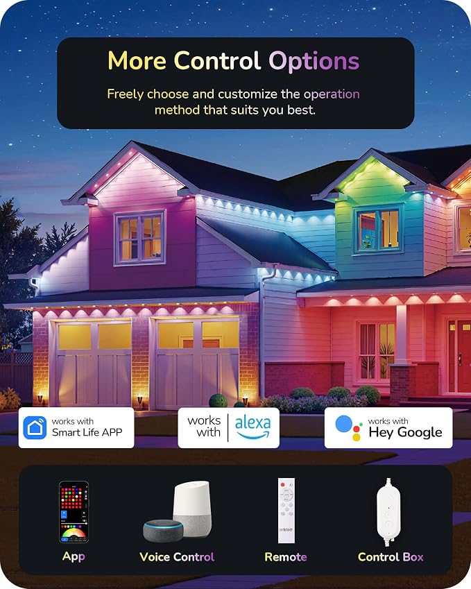 EDISHINE 150FT Permanent Outdoor Lights, RGBIC 111+ Scene Modes, IP67 | App/Voice/Remote Control, Cuttable & Splicable Accent Lights for Party Decor & Festive Celebrations