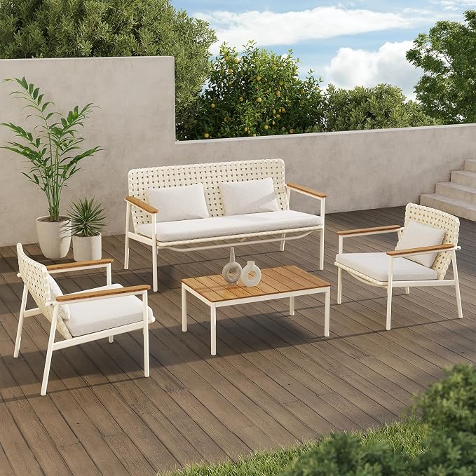 Grand patio 4-Piece Patio Conversation Set, Outdoor Wicker Sofa Set with Waterproof Cushions All-Weather Wicker Furniture Sectional Sofa for Garden, Poolside, or Backyard Relaxation-Grey