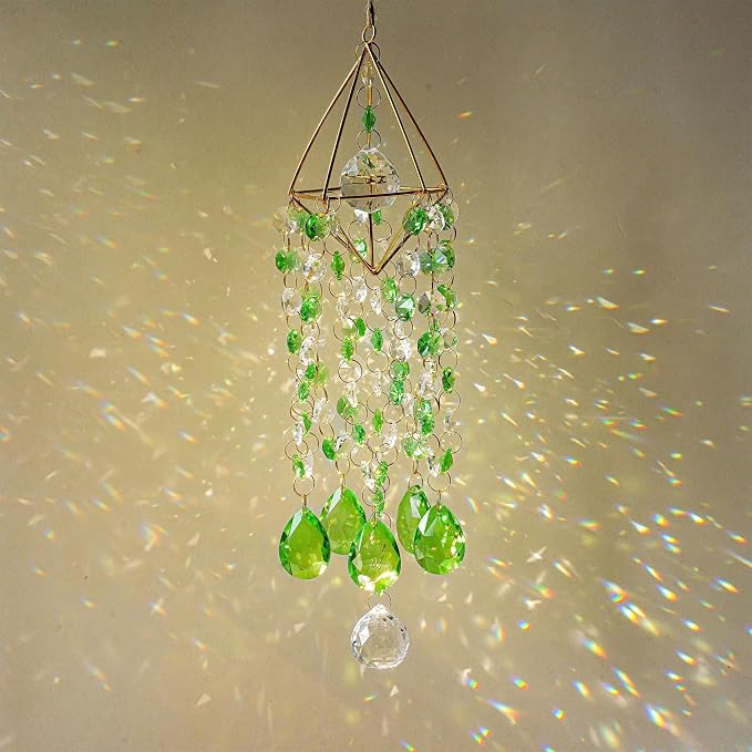 Crystal Suncatcher Glass Wind Chimes Style Sun Catchers Indoor Window | Hand-plated,Rainbow Prisms Suncatcher For Window Hanging,Whimsical Decor Home Garden Birthday Christmas Gift (21.5inch,Green)